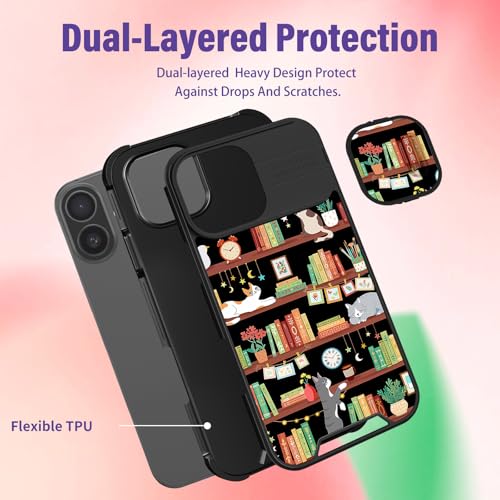 Image of Funermei for iPhone 16 Case - Women Girls Cute Phone Cover Girly Pretty Aesthetic Cat and Books Unique Design with Camera Cover Funda for Apple for iPhone 16