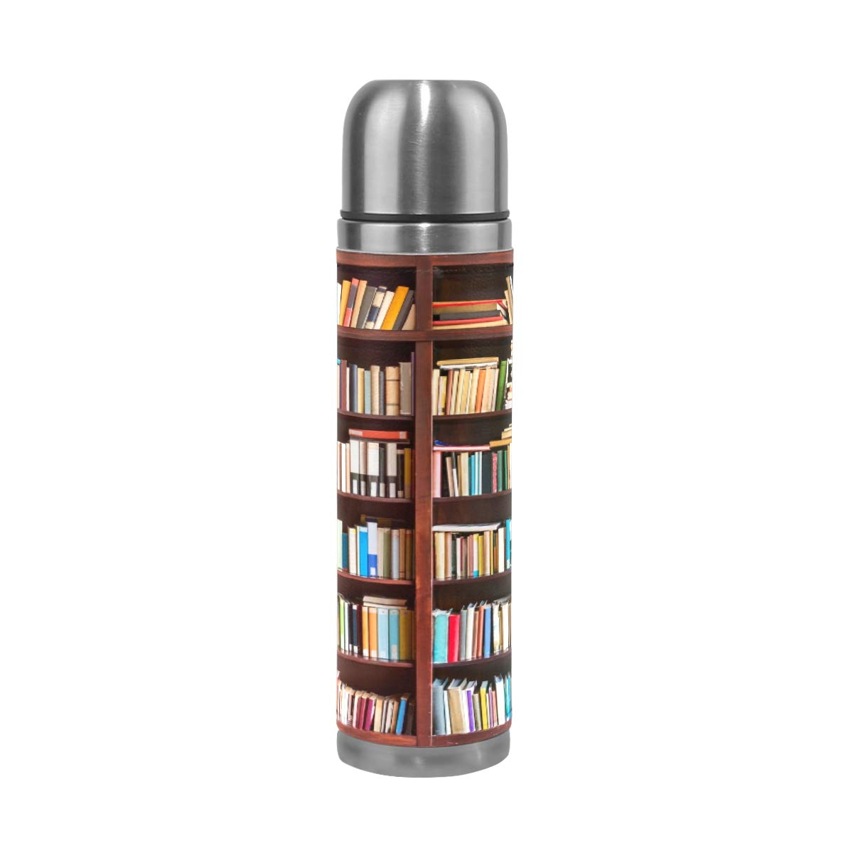 Taza de viaje aislada al vacío de acero inoxidable con doble pared a prueba de fugas, diseño de estantería, estampado personalizado impreso en piel auténtica, termo termo de 500 ml