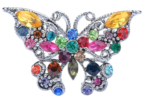Alilang Silvery Tone Rainbow Multi Colored Rhinestone Butterfly Insect Bug Wings Brooch Pin