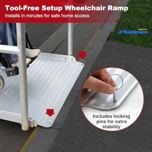 Ruedamann 3'L x 36" W Aluminum Wheelchair Ramp with Handrails, 600 Lbs Capacity Threshold Ramp for Home Steps Stairs Curbs, Non-Slip Access Ramp, Doorway Ramps for Wheelchairs Scooters Carts Walkers