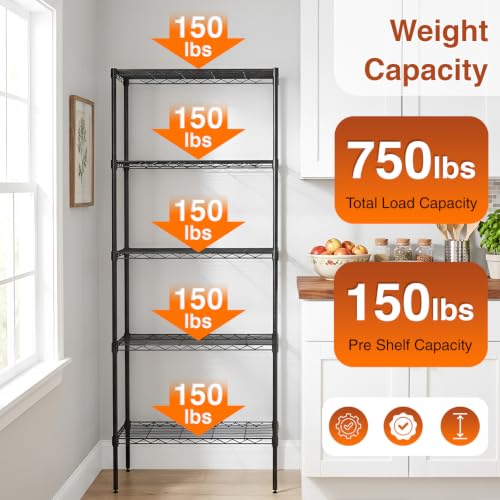 Image of BestOffice | 5-Tier Wire Shelf | 14 inch x 24 inch x 60 inch | Black | Storage Shelves Metal Shelving Kitchen Storage , Holds upto 750 lbs | Rust-Resistant, No-Tool Assembly | for Home, Garage