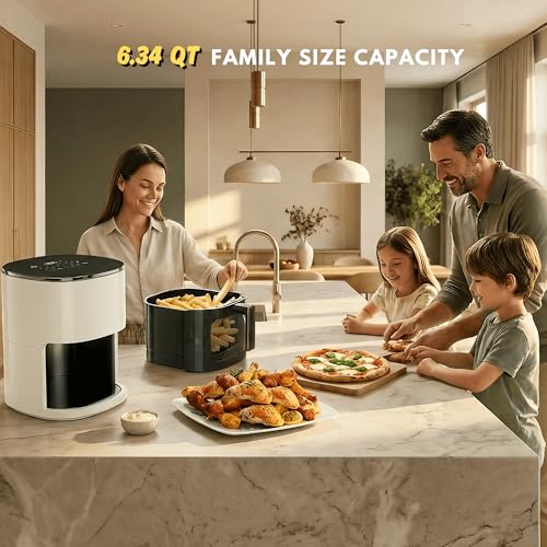 Image of Air Fryer 6.34QT with Clear Window, 12-in-1 Air Fryer Oven, Air Fry, Roast, Reheat, Dehydrate, Bake, Steam, 400F Rapid Air Crispy Technology, Square Airfryer Beige