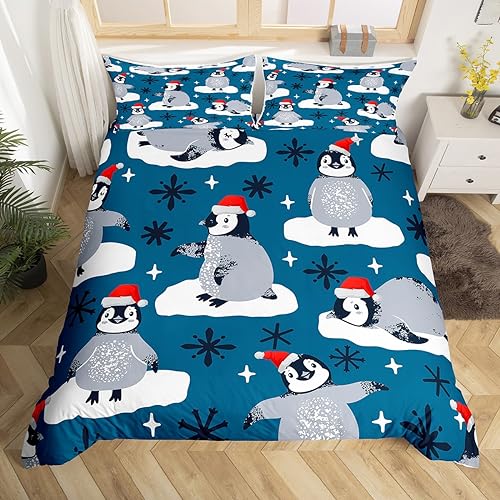 Enfants Cartoon Pingouin Housse de Couette Intéressant Animaux Sets de Housse de Couette Flocons de neige Parure de Lit 140x200cm Noël Bleu Rouge Parure...