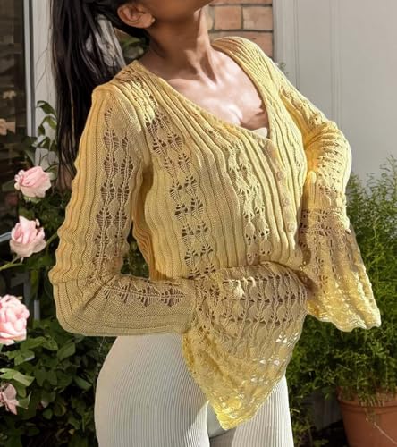 Image of Women Summer Crochet Cardigan Sweater Long Sleeve Button Hollow Out Lightweight V Neck Cropped Knit Cardigan