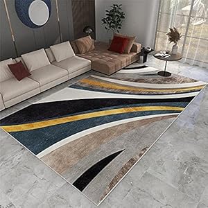 Vloerkleed voor kinderkamer, baby, meisjes, kinderkamer, kleur: koffie, blauw, geel, bochten, grote lijnen, laagpolig, tapijt, teint veilig, antislip, slijtvast, machinewasbaar, 120 x 160 cm