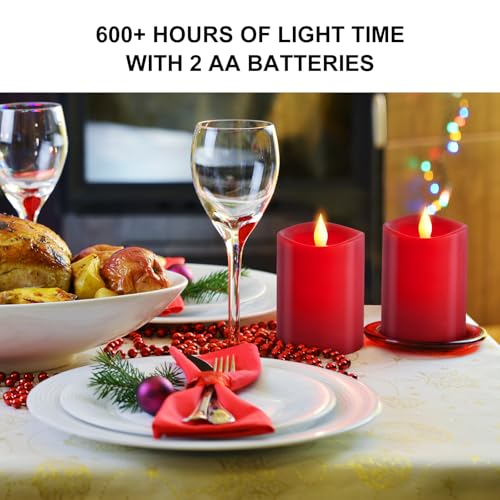 Image of 3x4 Flickering Flameless Candles Set of 2,Real Wax led Candles Flickering,with Timer,4 inch Flameless Candles with Remote,Battery Operated Candles,for Party Wedding Holiday Home Decor,Red