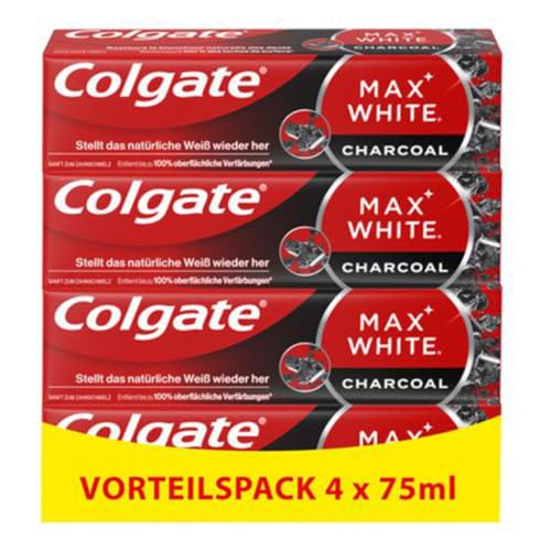 Colgate Zahnpasta Max White Charcoal 4x75ml - Zahncreme mit Aktivkohle, entfernt bis zu 100% der oberflächlichen Verfärbungen