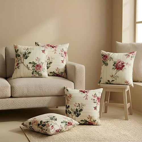 Image of Clasiko Cotton Cushion Covers 16x16 - Set of 5 Decorative Cushion Covers, Warm Rose, Soft Cotton, Hidden Zip, Sofa & Bedroom Decor