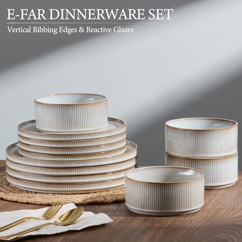 Image of E-far Stoneware Dinnerware Sets for 2, 6-Piece Plates and Bowls Sets, Chip & Scratch Resistant Ribbed Dish Set for Home Restaurant, Microwave & Dishwasher Safe, Creamy Beige