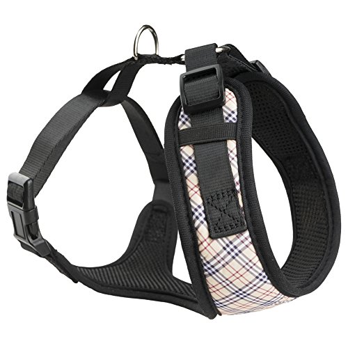 Yudote Chiot Harnais pour Les Petits Chiens Cou 27-30cm Poitrine 32-48cm,Facilement réglable Pet Gilet Poids léger Doux Respirant Maille avec Tissu à Carreaux de Mode Begie