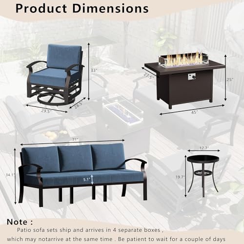 Image of Patio Furniture Set 5-Piece Aluminum Armrest Sofa, Modern Outdoor Living Room Set with 55000 BTU Propane Aluminum Fireplace, Outdoor Rotary Joystick with Thick Cushion