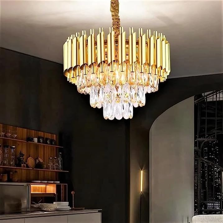 Image of Modern K9 Crystal Chandeliers Gold 3-Tier Round Crystal Chandelier Ceiling Light Fixture for Living Room and Hallway(400mm) A
