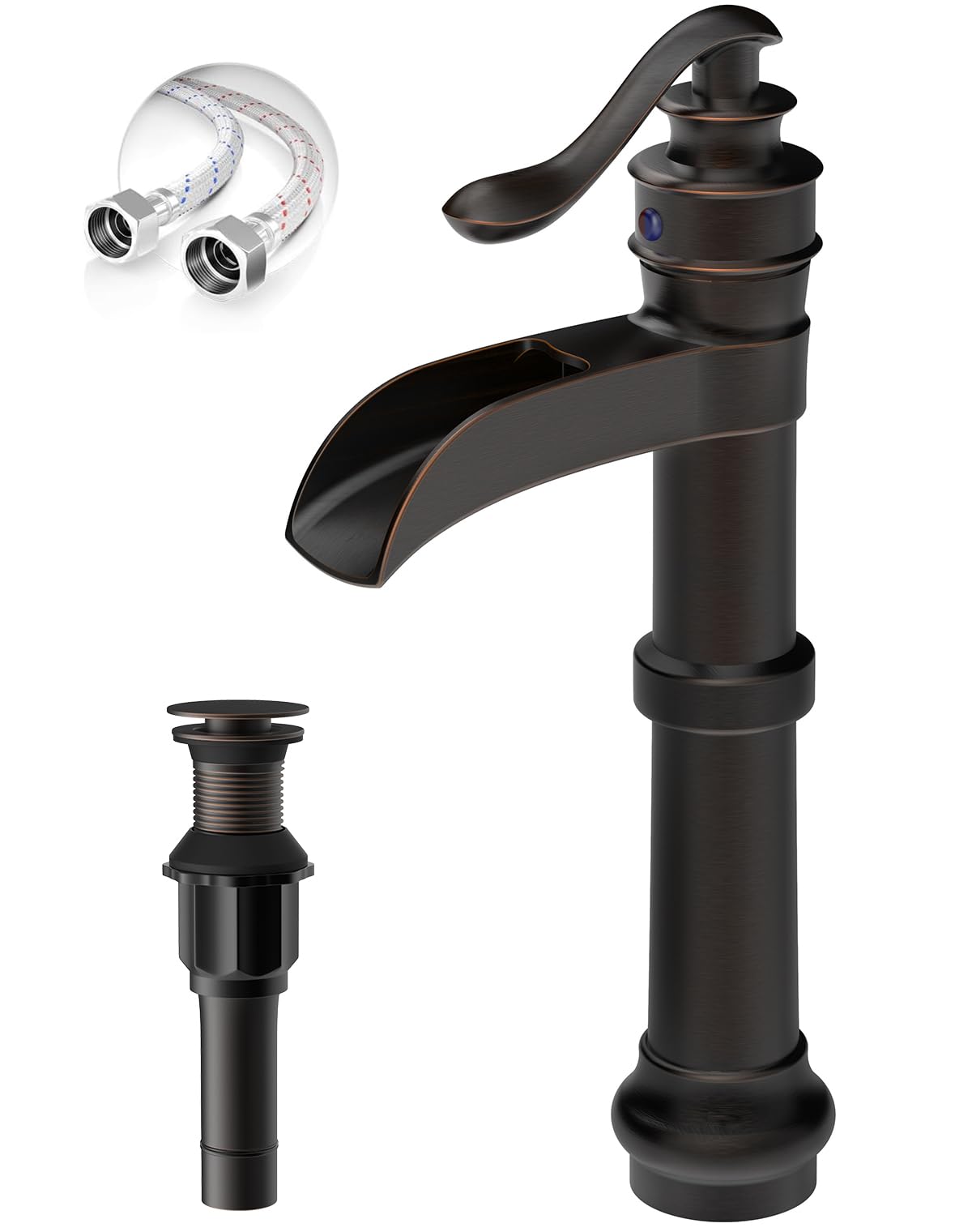 Vessel Sink Faucet, Oil Rubbed Bronze Black Bathroom Faucet, Farmhouse Waterfall Sink Faucet Single Hole with Pop Up Drain Assembly Without Overflow One Hole Mixer Tap Deck Mount