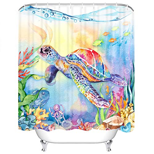 Sea Turtle Shower Curtain, Undersea Seaweed Seashell Shower Curtain, Nautical Turtle Marine Animals Tropical Fish Teal Ocean Shower Curtain Set For Bathroom, Bathtub Decor With Hooks, 72"X72" #TOP1