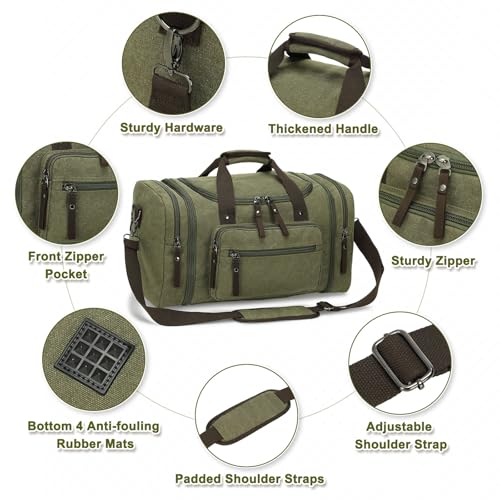 Expandable Canvas Duffel 50cm-58cm, Sturdy Zipper and Reinforced Handles, Lightweight Carry-On Weekender Bag for 3-5 Day Trips, Green 5