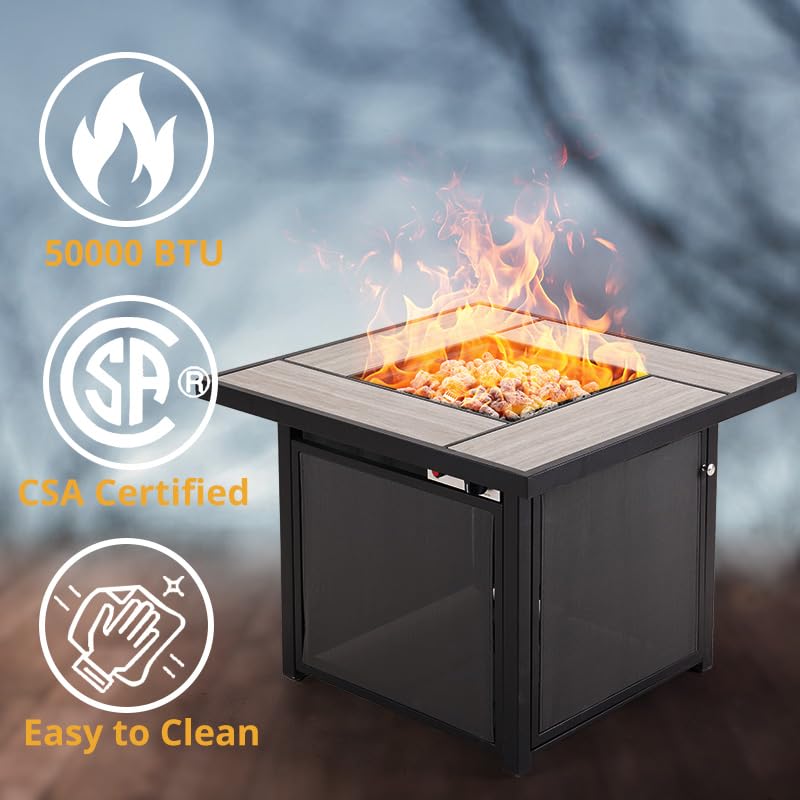 Mesa cuadrada para fogata de propano, 32 pulgadas, para exteriores, 50,000 BTU con mesa de azulejos de cerámica, tapa extraíble, rocas de lava para patio exterior, jardín, terraza, patio 7