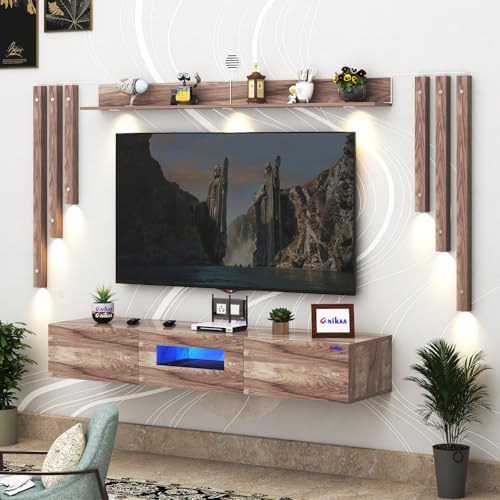 Image of Anikaa LucenNote Engineered Wood Wall Mount TV Unit with Acrylic Blue LED Storage Box, Wooden Accent Spotlight Panels for Living Room, Fits Up to 50 Inch TV, Coachwood, DIY Installation