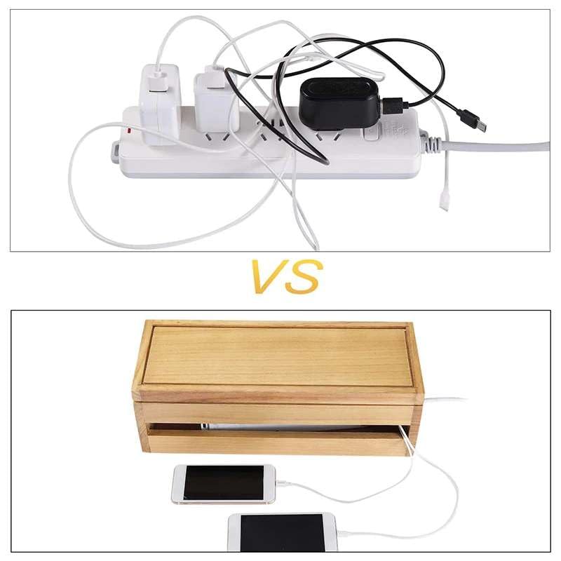 Image of Wooden Cable Management Box: Hide & Organize Power Strips, Cords & Wires - Neat Desk & Home Office Organizer