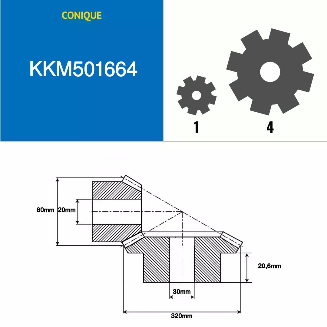 KKM501664 - Engrenages coniques - Module : 5 - Ratio : 04:01-16/64 dents - Largeur dents : 35 - Diamètre primitif : 80 - Type : 2 - Diamètre extérieur : 90 - Diamètre métrique : 20