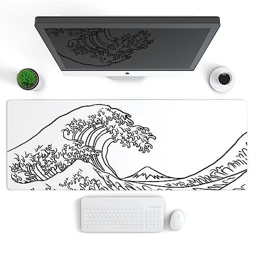 Image of Ovenbird Gaming Mouse Pad with Stitched Edges, Japanese Wave White Extended XL Mousepad with Anti-Slip Base, Cool Large Mouse Pad for Desk, 31.5 x 11.8 in, White