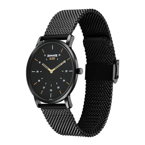 Image of Sonata Sleek Quartz Analog Black Dial Black Stainless Steel Strap Watch for Men