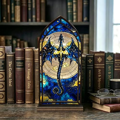 IlyraNovix Fantasy Dragon Book Nook, Stained Glass Candle Holder for Bookshelf Decor, Wood & Acrylic Book Lover Gift, Library Bookish Decor(Dragon)