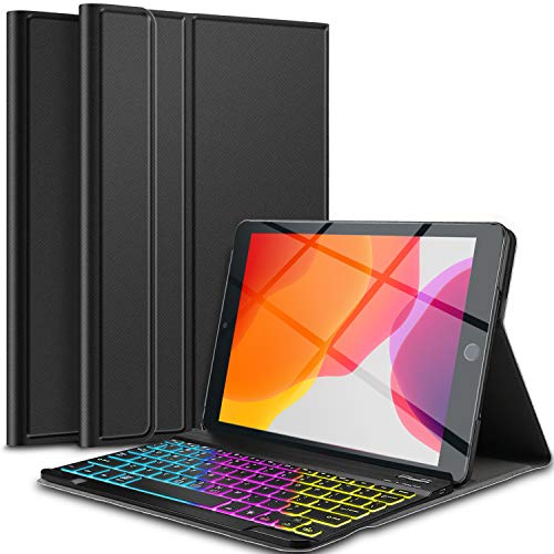 IVSO Custodia con Tastiera Italiana per iPad 10.2 2019, Slim Custodia con 7 Colori Retroilluminata Rimovibile Wireless Tastiera per iPad 7a Generazione 2019 10.2 Pollici, Nero