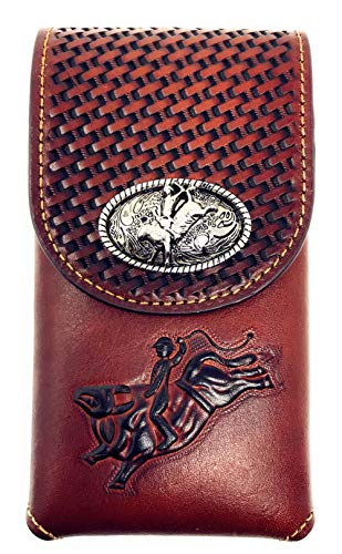 Texas West Western Cowboy Tooled Basketweave Leather Rodeo Concho Belt Loop Cellphone Holster Case in 2 Colors (Brown)