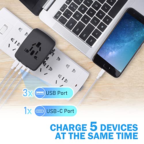 International Universal Travel Plug Adapter: 2400W Worldwide Adaptor with 3 USB-A and 1 USB-C Ports, UK/EU/AU/US (200+ Countries) All-in-One Power Electrical Outlet for America European Asia Black