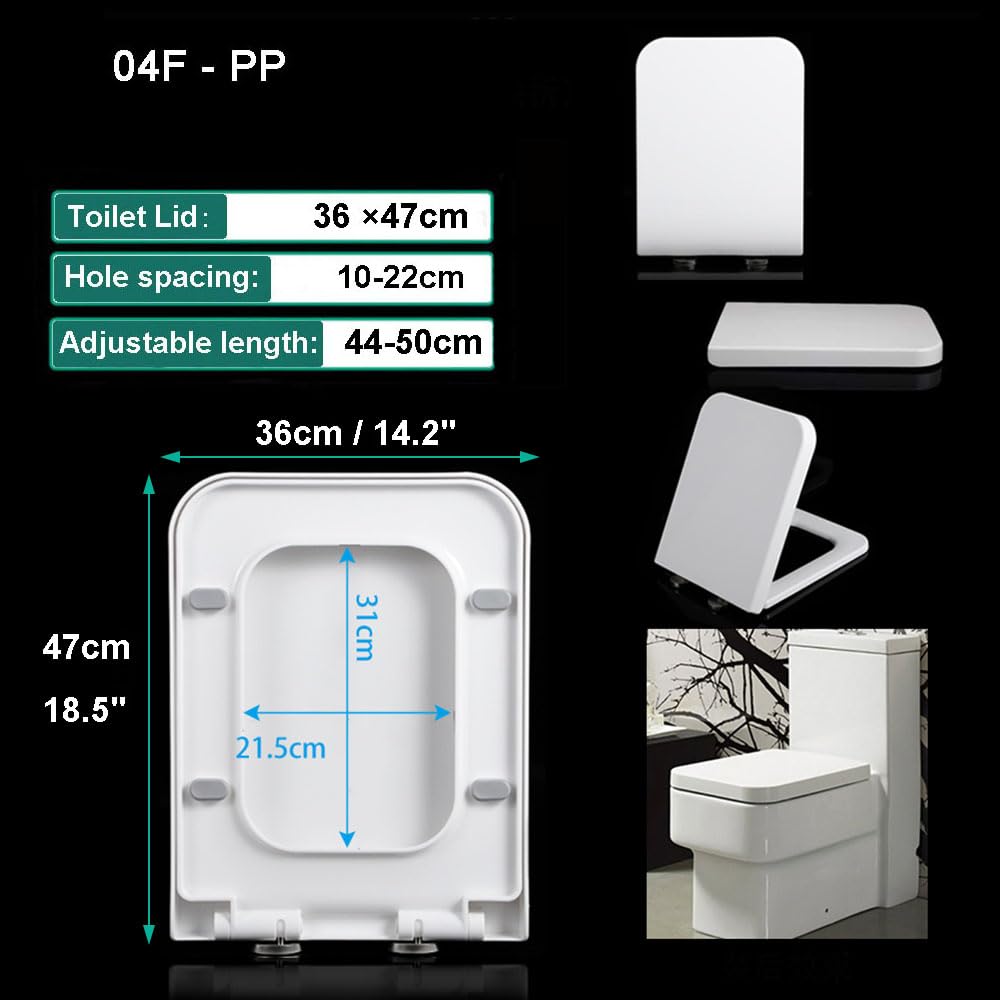 Asiento de inodoro cuadrado blanco de cierre lento con tapa de liberación rápida, accesorio de baño fácil de limpiar, tapa de inodoro de 36 x 47 cm para hogares modernos