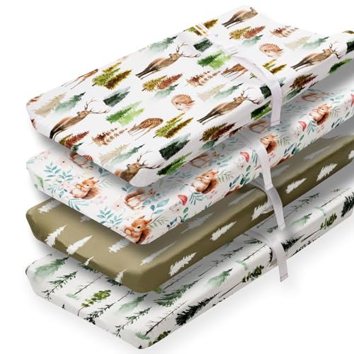Image of 4 Pack Changing Pad Covers Woodland Forest Animals Wood Neutral Unisex Fitted Baby Changing Pad Cover Set for Baby Boys or Girls (Cartoon Fox)
