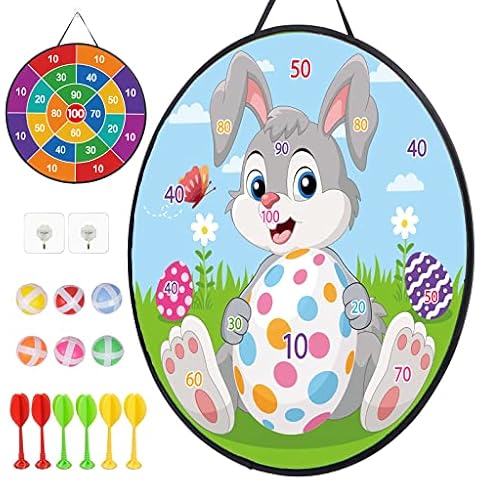 LAMEK 66cm Double Sided Dart Board Game 26'' Easter Bunny Foldable Dartboard Set with 6 Sticky Balls 6 Dart Throwing for Kids Girls Boys Easter Party Tossing Games Cover
