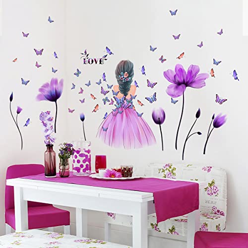 Pinenjoy Butterfly Girl Wall Decal Purple Flower Fairy Wall Sticker Colorful Floral Wall Mural 63X37Inch Diy Self-Adhesive Vinyl Wall Decor For Girls Living Room Nursery Bedroom Playroom #TOP7