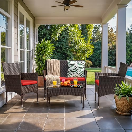 Image of Homall 4 Pieces Patio Rattan Chair Wicker, Outdoor Indoor Use Backyard Porch Garden Poolside Balcony Furniture Sets (Red)