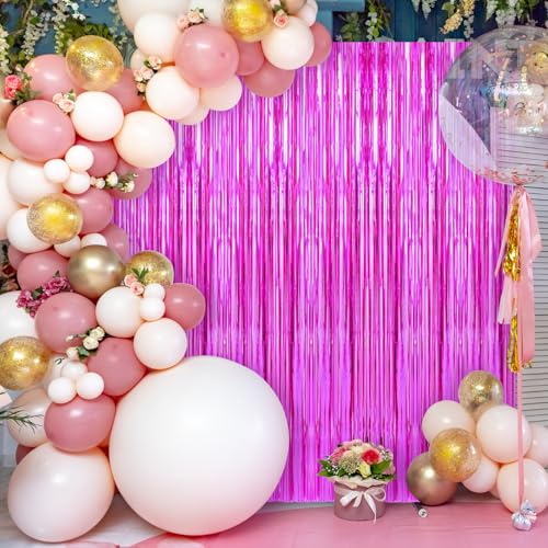 Image of 2 Pack Hot Pink Foil Fringe Curtains Streamers Party Decorations 3.3 x 8.2 ft, Tinsel Curtain Fringe Backdrop for Parties, Door Fringe Birthday Streamers, Photo Booth Backdrops, Party Decor