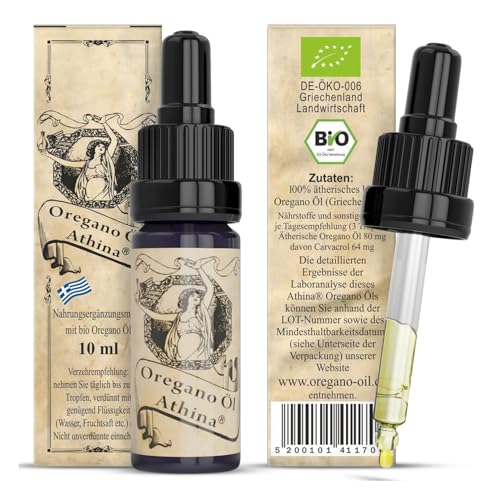 Athina® Oregano Öl Bio DE-ÖKO-006 I 1 x 10 ml ätherisches Oreganoöl I Origanum vulgare hirtum aus Nordgriechenland I 80% Carvacrol I Oreganoöl Bio Tropfen