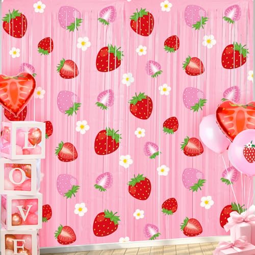 Image of Tiamon 2 Pack Strawberry Party Decorations 3.3 x 6.6 Ft Foil Fringe Curtains Berry First Birthday Backdrop Tinsel Streamers Photo Booth for Sweet Berry Shortcake Baby Shower Birthday Party Supplies