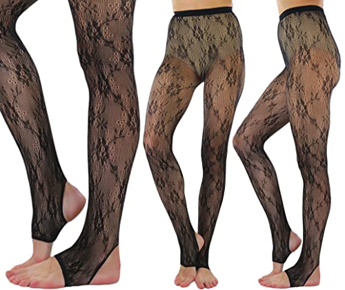 Image of ToBeInStyle Women's Single Floral Lace Fishnet Tights Footless & Stirrup Design