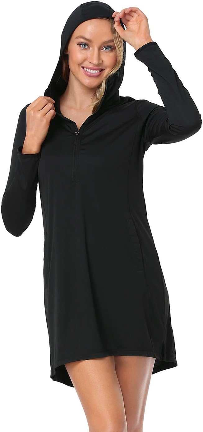 HDE Beach Coverups for Women UPF 50 Long Sleeve Swim Cover Up Dress with Hood Quick Dry Sun Protection Tunic with Pockets - Image 4