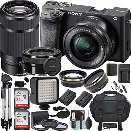 Sony Alpha a6400 Mirrorless Digital Camera (Black) with 16-50mm f/3.5-5.6 OSS and 55-210mm f/4.5-6.3 OSS Lens + Accessory Bundle Kit (Tripod, Travel Charger, Extra Battery, and More)
