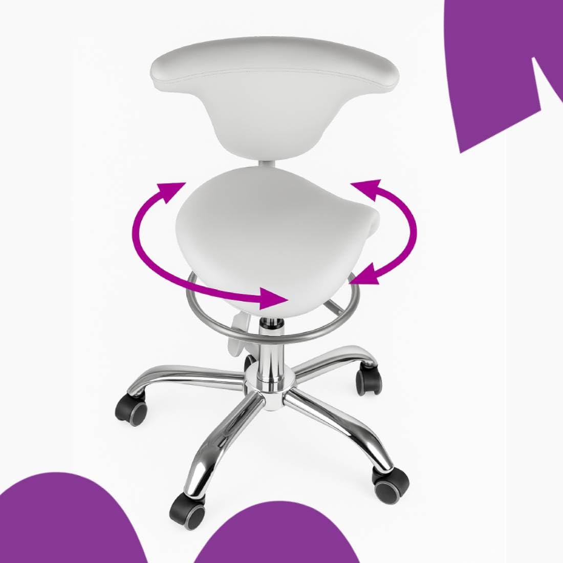 Spacetronik Tabouret de Selle Ergonomique avec Dossier Réglable – Siège Pivotant à 360° Indépendant – Hauteur Réglable 49–58 cm – Tabouret Professionnel à roulettes pour Bureau, Salon, Spa (Blanc)