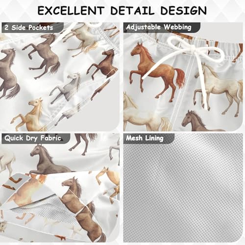 Pigsaly Boys' Swim Board Shorts Watercolor Cute White Black Brown Horses Boy's Swim Trunks Kids Swimwear 2T3