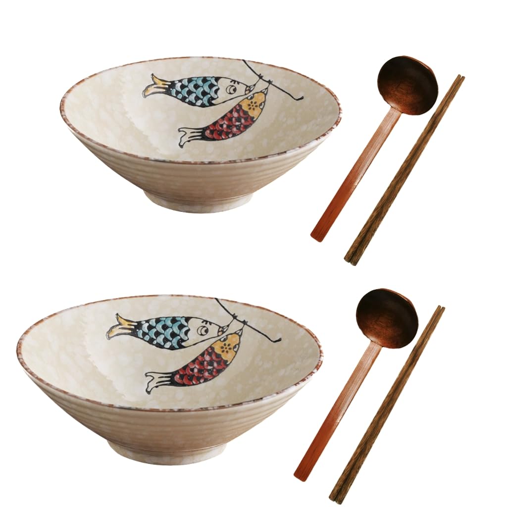 Bol Japonais En Céramique Pour Ramen - Bols à Nouilles Pour Soupe, Udon Soba, Salade, Collation, Céréales, Cuillères Et Baguettes - 900 Ml - Coffret Cadeau (double Poisson