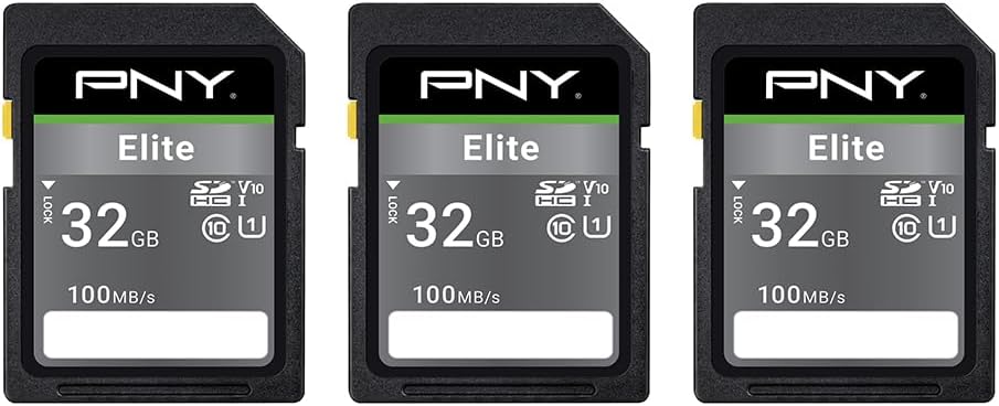 PNY 32GB Elite Class 10 U1 V10 SDHC Trail Camera Flash Memory Read Up to 100MB/s, UHS-I, HD Photo, HD Video, for Outdoor Cameras, DSLR Cameras, Tactile Use, Wildlife Enthusiasts, 3-Pack PNY 32GB Elite Class 10 U1 V10 SDHC Trail Camera Flash Memory Read Up to 100MB/s, UHS-I, HD Photo, HD Video, for Outdoor Cameras, DSLR Cameras, Tactile Use, Wildlife Enthusiasts, 3-Pack
