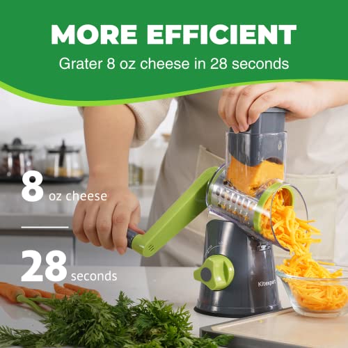 Cheese Grater With Handle, Rotary Cheese Grater With 3 Interchangeable Blades, Cheese Shredder Handheld With Strong Suction Base, Vegetable Slicer For Fruit, Nuts, Chocolate(Grey) #TOP4