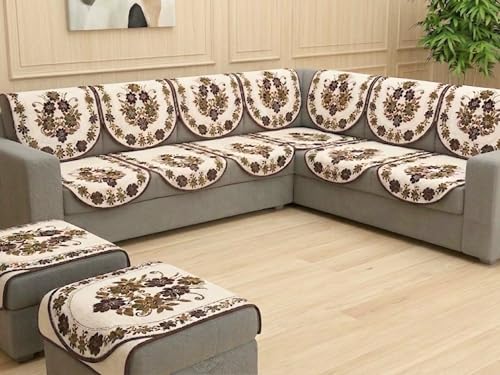 Image of Fab Nation Sofa Cover L Shape 7 Seater with Corner L Type Fully Covered Sofa Set for Living Room | Cotton Sofa Slipcovers for 4 + 3 Seaters Cover + 2 Setty Cover Set | Floral Brown