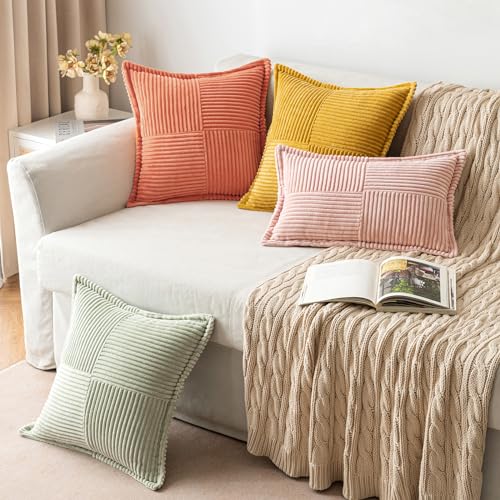 Image of MIULEE Decorative Throw Pillow Covers for Couch Bed Livingroom 18x18 Inch Set of 2 Coral Red Boho Accent Throw Pllows Broadside Striped Patchwork Soft Corduroy Summer Pillowcases