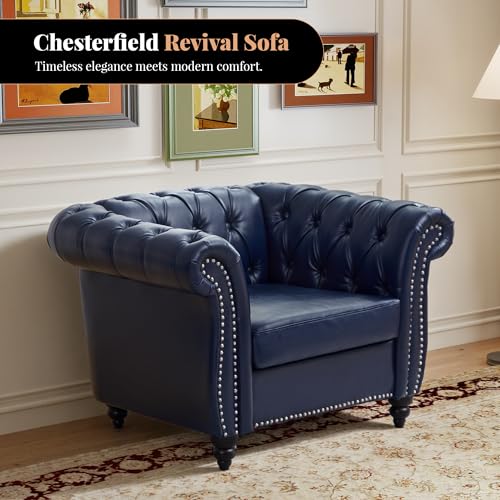 Image of LEVNARY Chesterfield Armchair, Tufted Leather Accent Chair, Mid-Century Modern Single Chair with Rolled Arms and Nailhead Trim, PU Leather Reading Chair for Living Room (Blue)