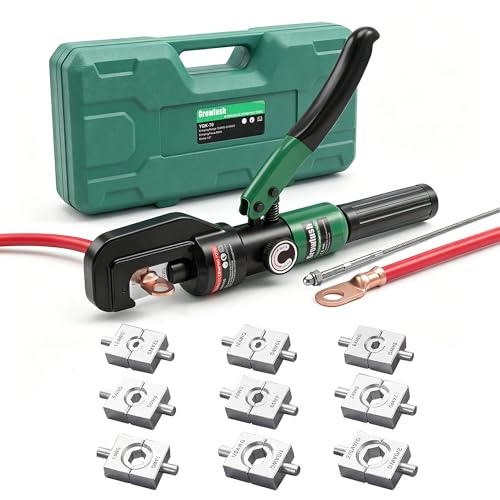Growlush Hydraulic Crimping Tool 2/0 Battery Cable Crimper 10T Hydraulic Crimper for US AWG Size 12-2/0 Gauge Stranded (9 Sets of US Standard Crimping Dies: 12 10 8 6 4 2 1 0 and 00AWG)