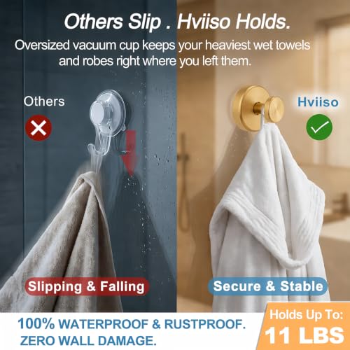 Hviiso Vacuum Suction Cup Hooks for Shower, Shower Hooks for Inside Shower Glass Window, Mirror, No Drill Towel Hooks for Bathrooms, Bath Robe Coat Looafh Wreath Hook for Hanging - 2 Pack, Gold by Hviiso - Used condition - Image 3